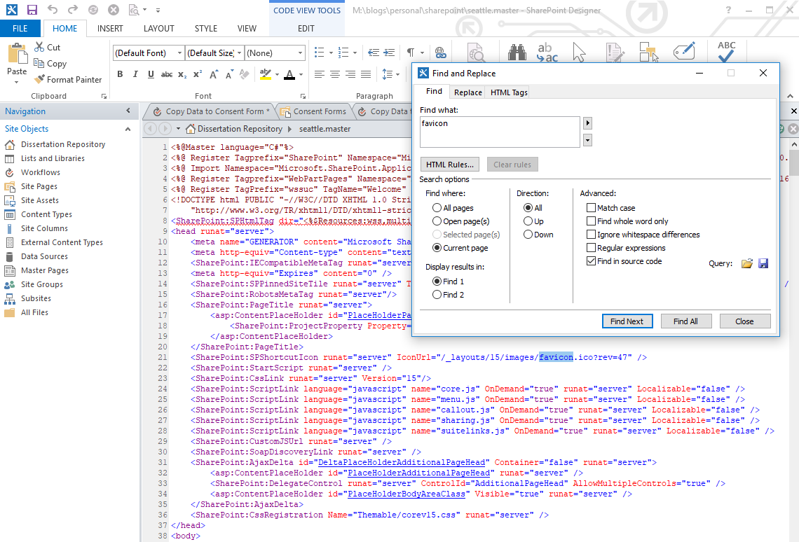 Screenshot: finding a line of code in SharePoint Designer