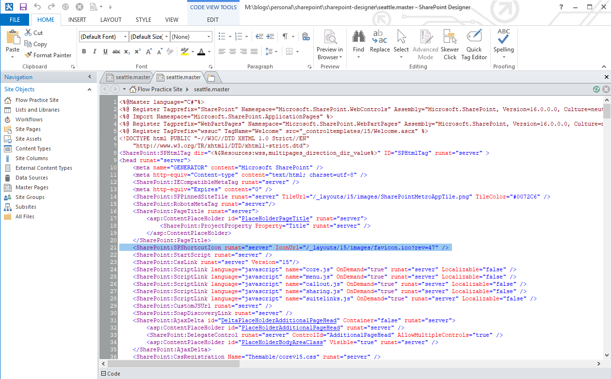 Screenshot: opening the seattle.master file in SharePoint Designer