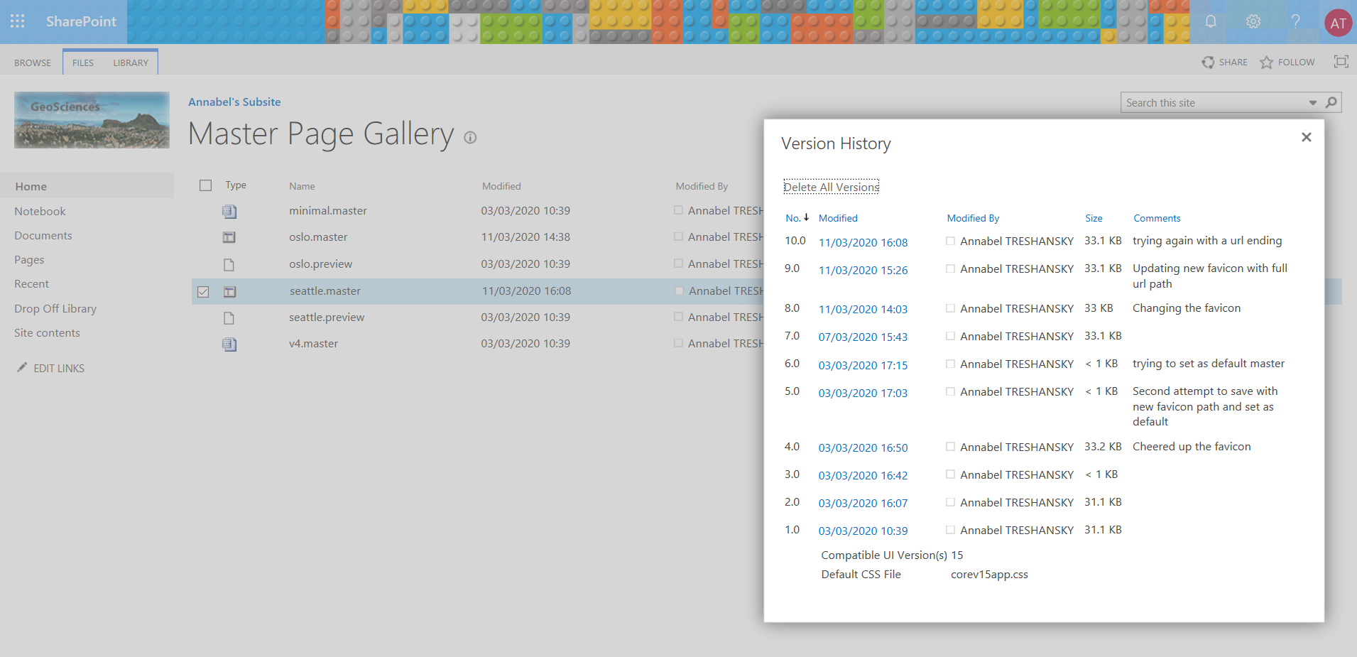 Screenshot: version history for the seattle.master file
