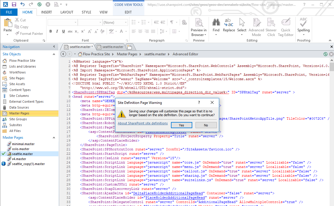 Screenshot: warning in SharePoint Designer