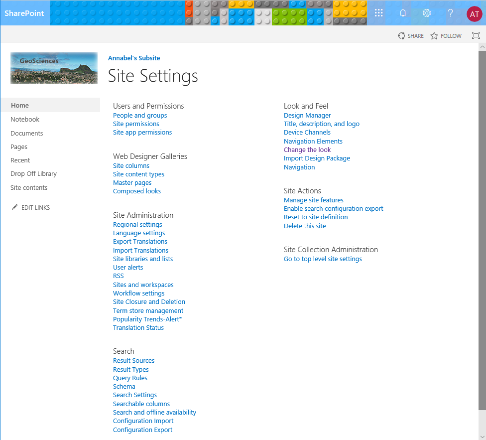 Screenshot: SharePoint site settings