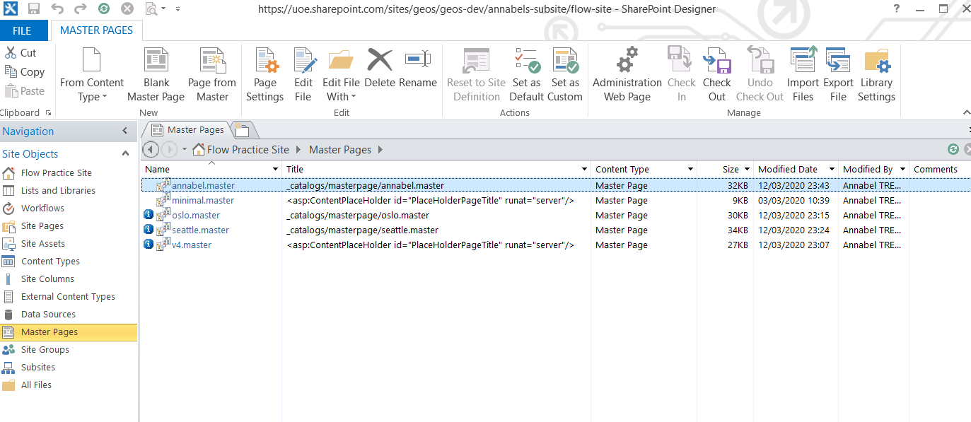 Screenshot from SharePoint Designer, featuring the new annabel.master file