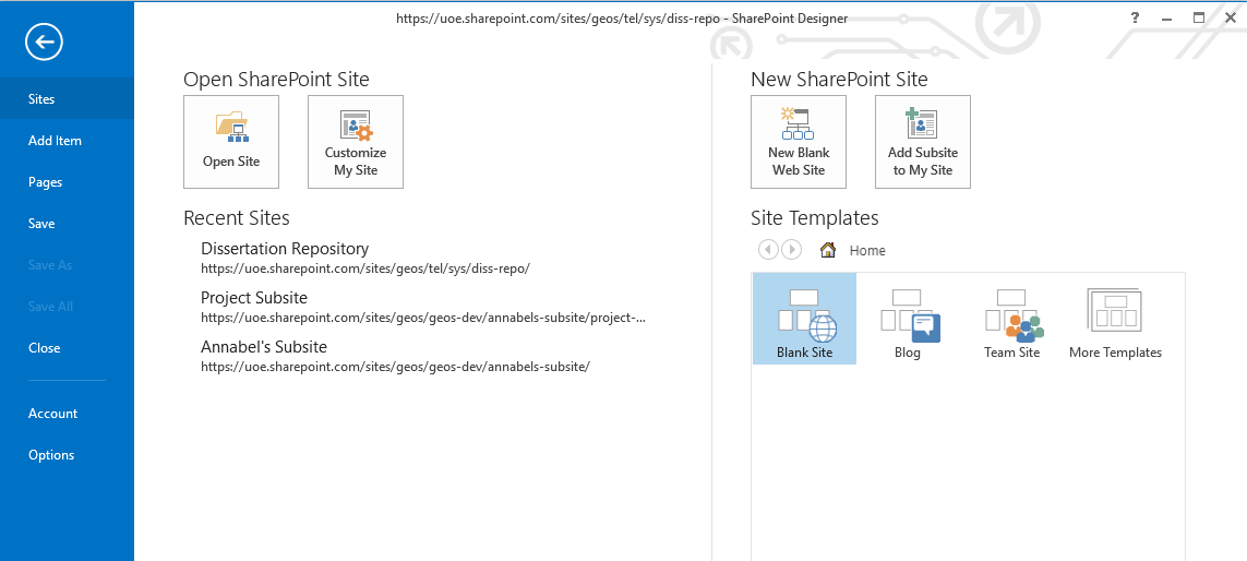 Screenshot: Opening a SharePoint site in SharePoint Designer