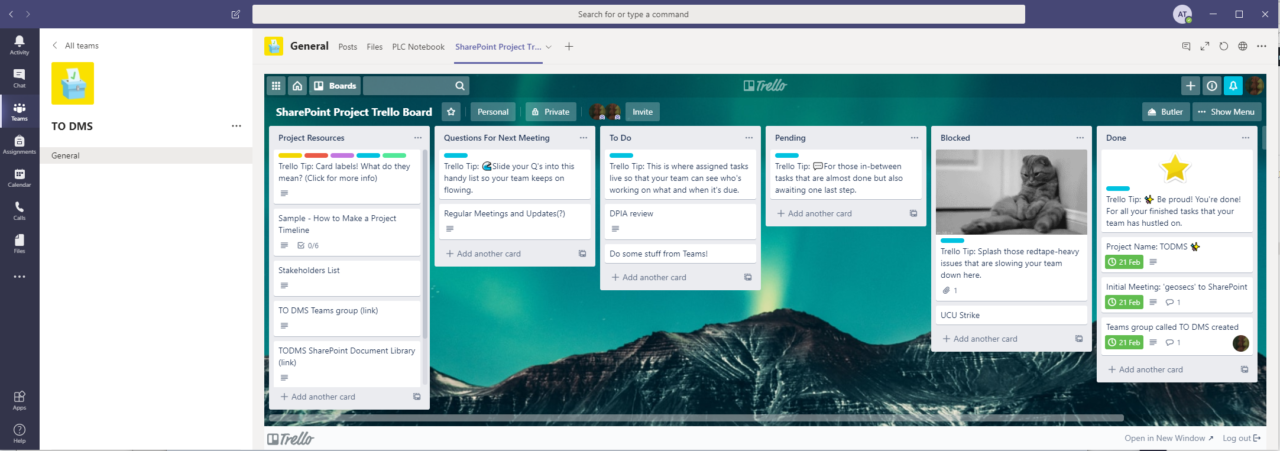 Screenshot: Trello board inside a Microsoft Teams group