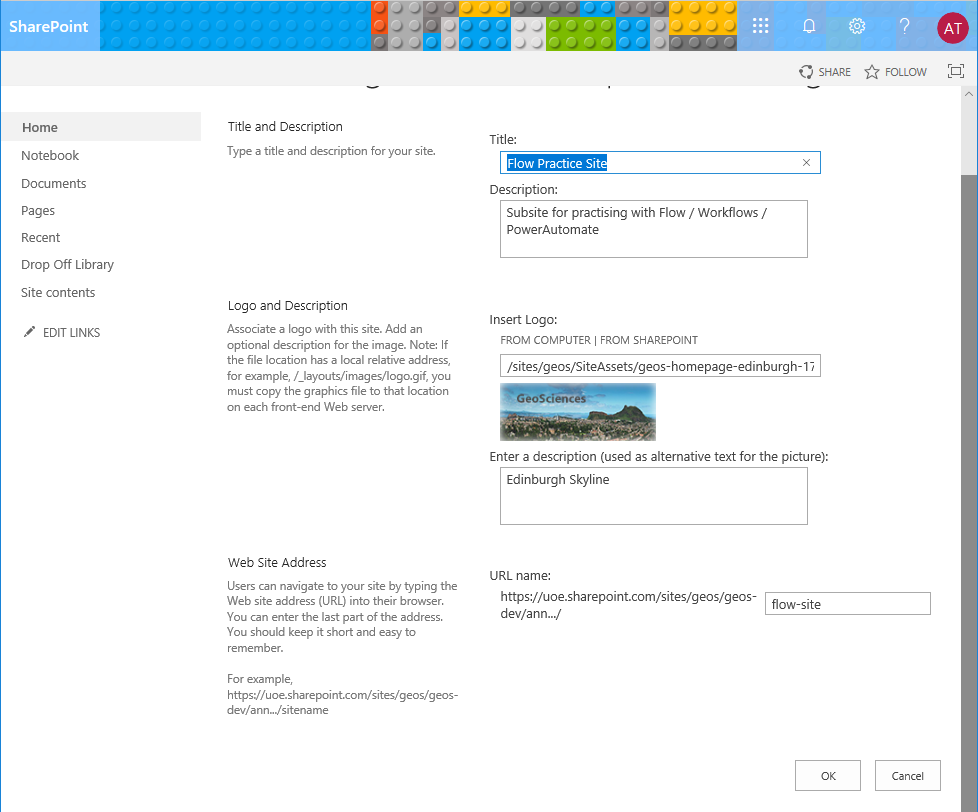 Screenshot: changing the title, description and logo in SharePoint