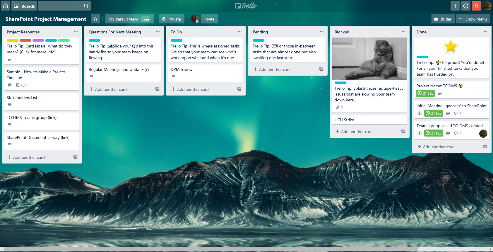 A new Trello board, set up using an organisational template for project management.