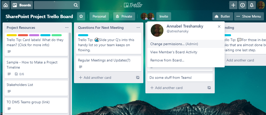Trello screenshot: Using the avatars to change permission levels