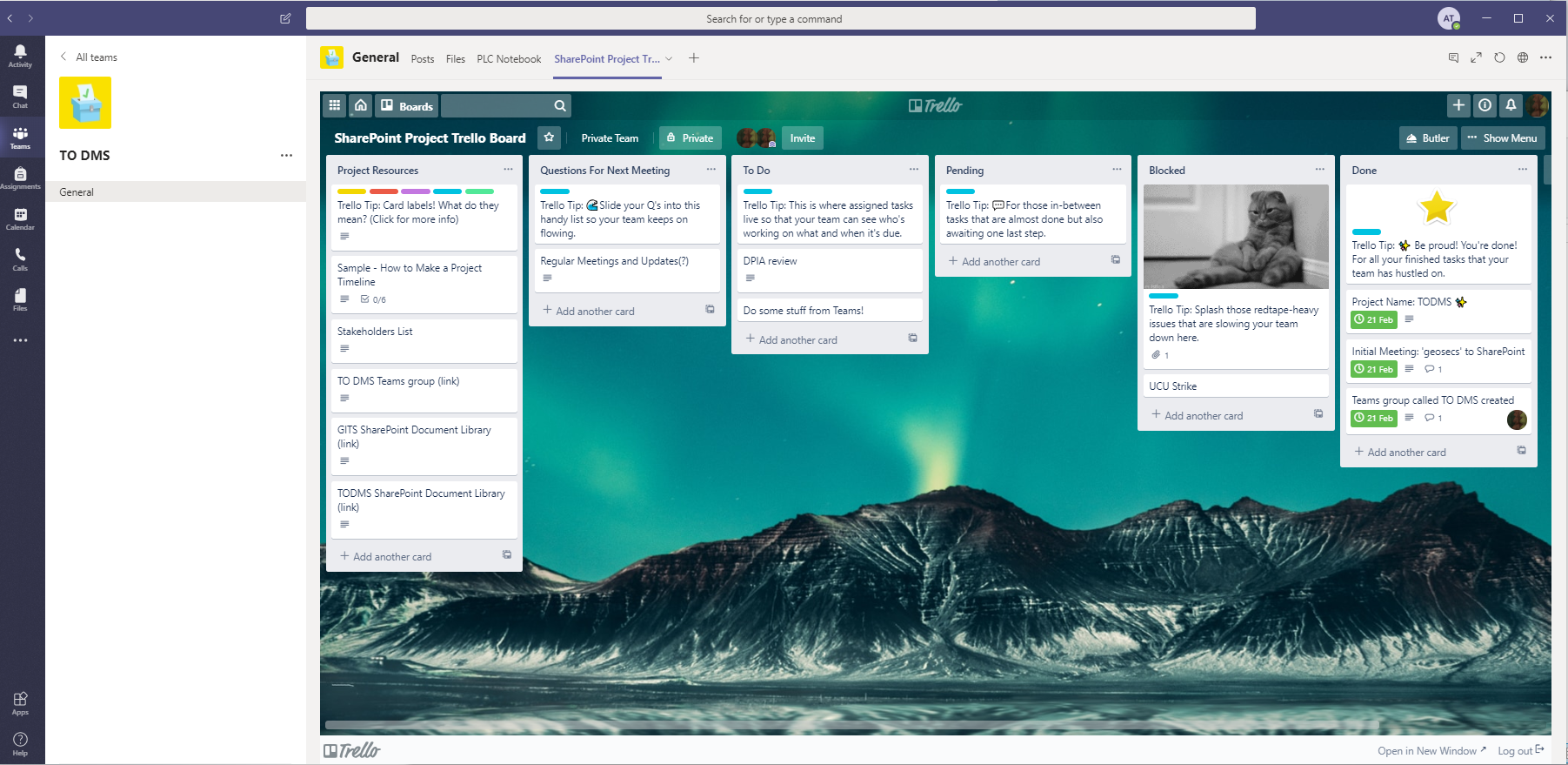 A Trello board displayed from a tab inside a Teams group