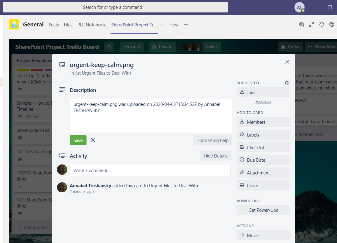 Screenshot of the Trello card details posted by Flow