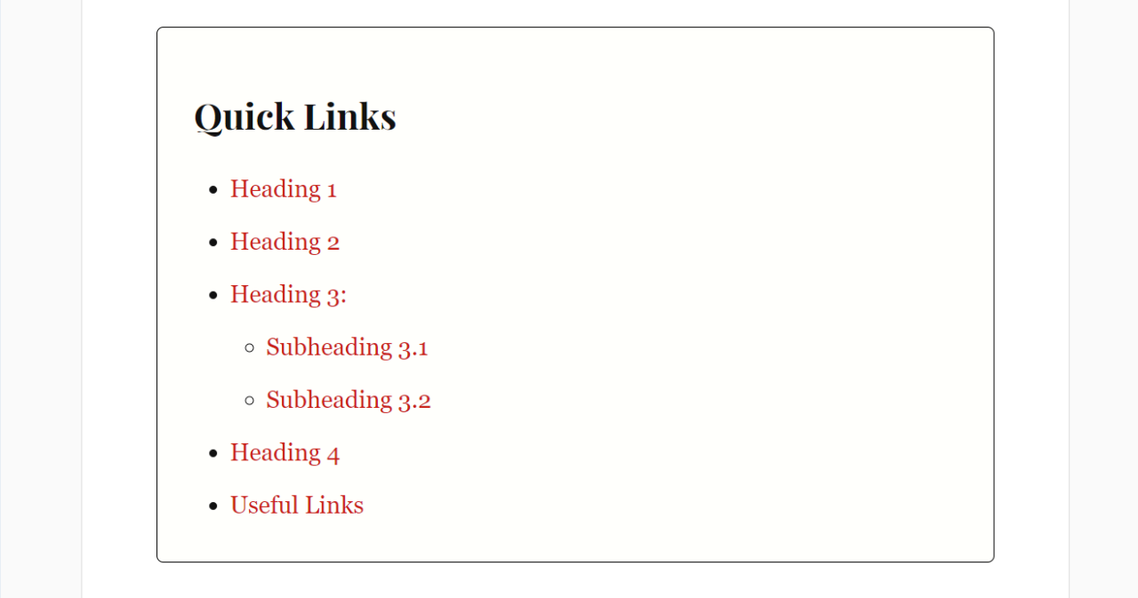 Screenshot of an index box with HTML links