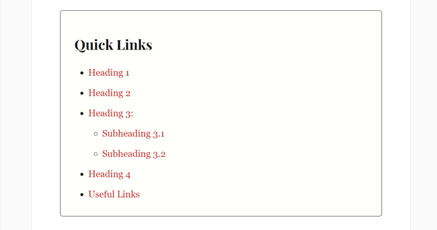 Screenshot of an index box with HTML links