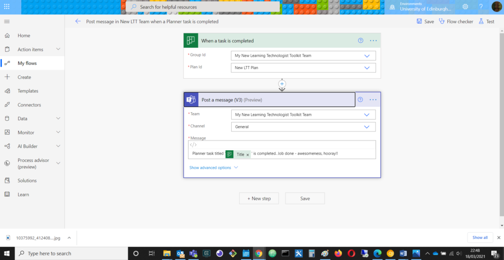 Screenshot of a flow that posts in Teams when a Planner task is completed