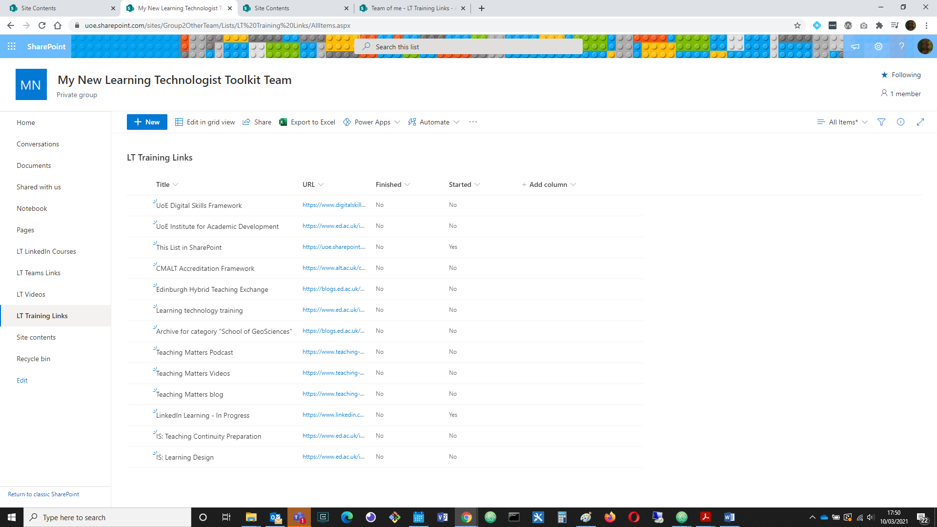 Screenshot: data pasted into the new list in SharePoint