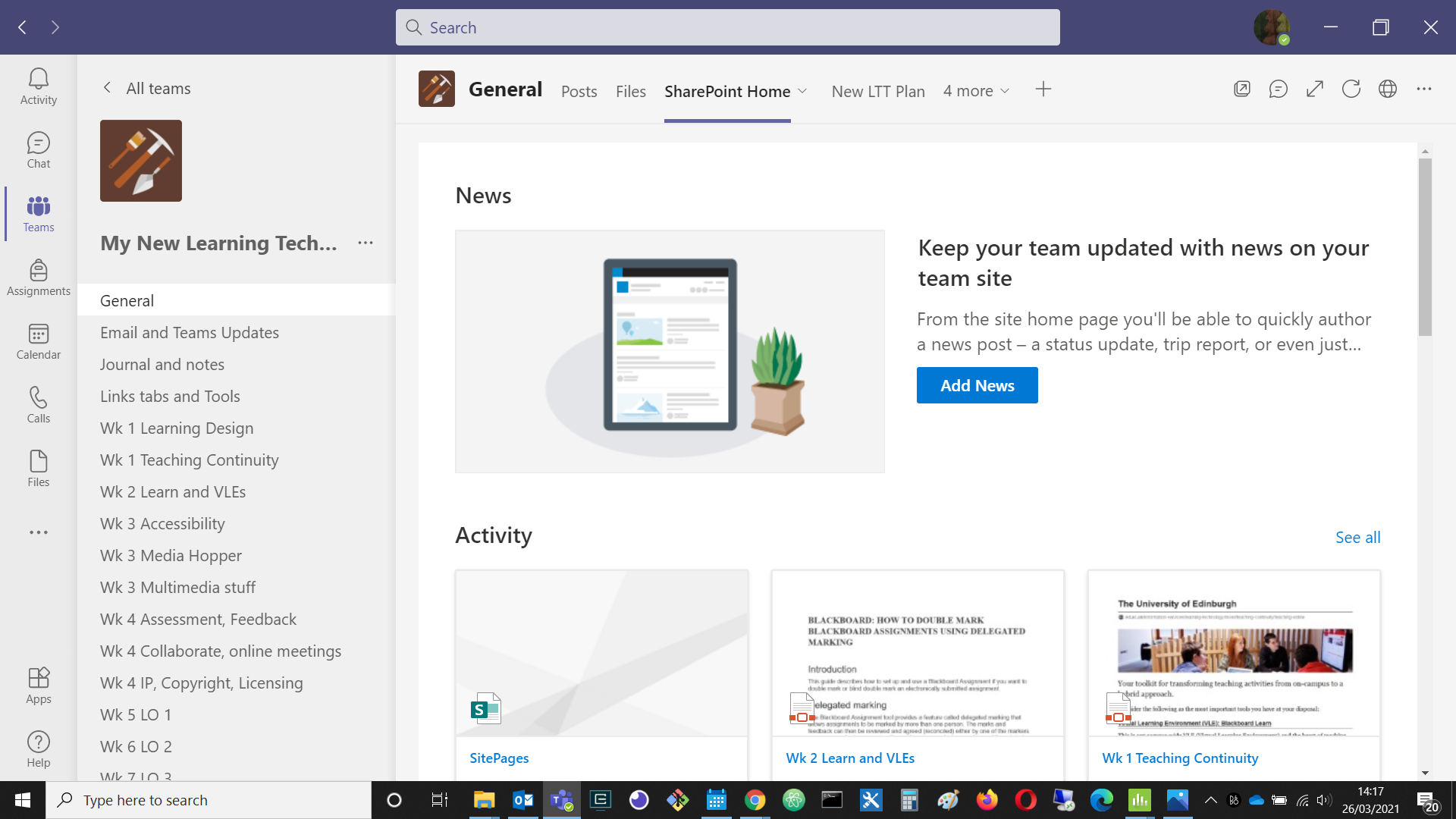 Screenshot - the Sharepoint home page in Teams tab