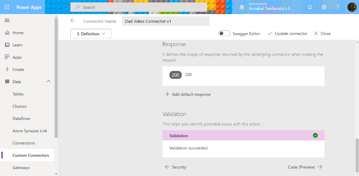 The response and validation sections of the Definition screen