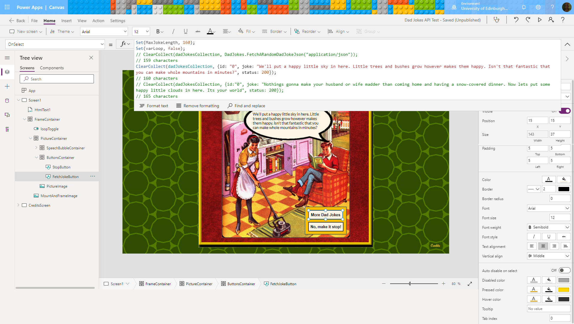 Power Apps editor screenshot showing test code and Bob Ross quotes