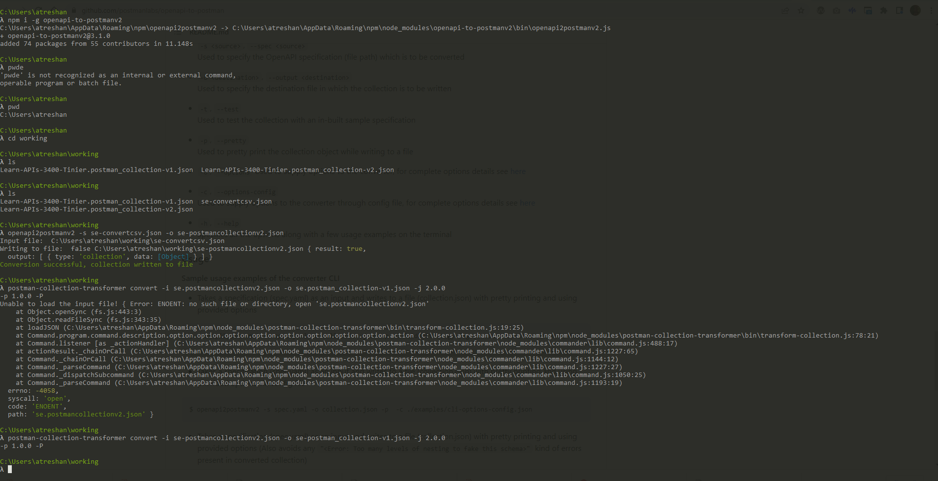 Screenshot of the api to postman converter in the command line