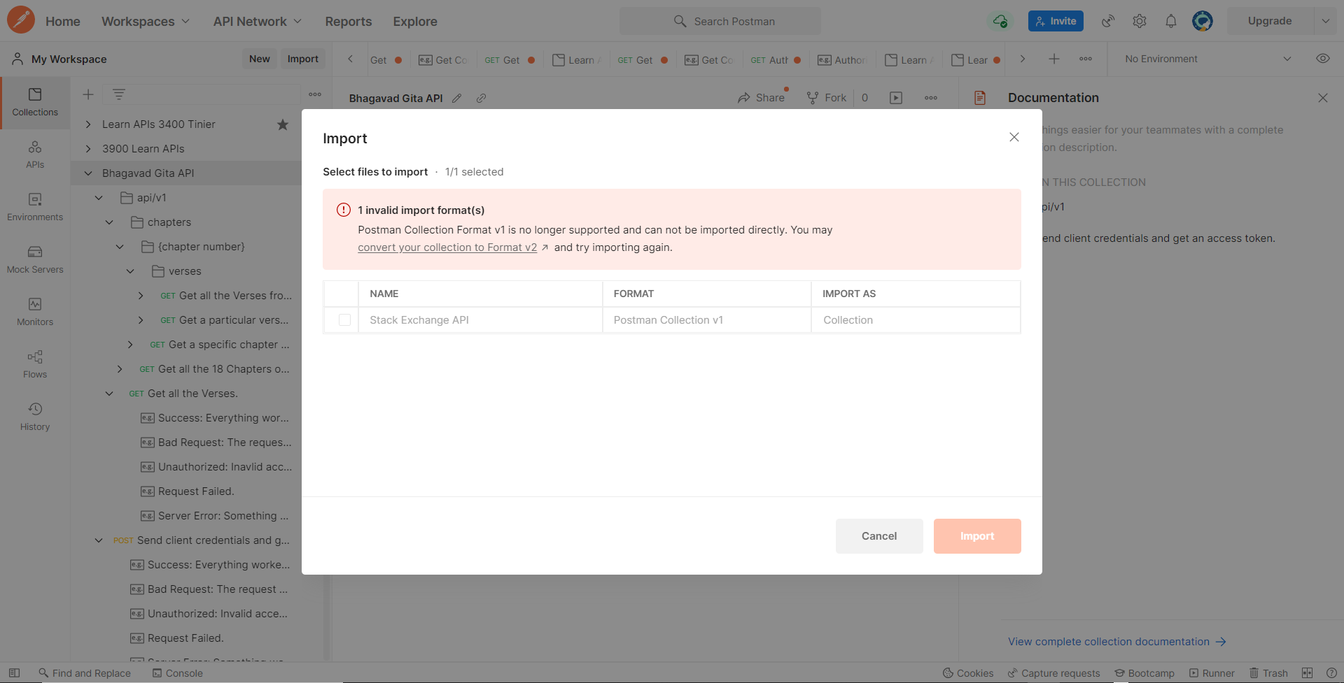 Screenshot: Trying to import the v1 collection into Postman