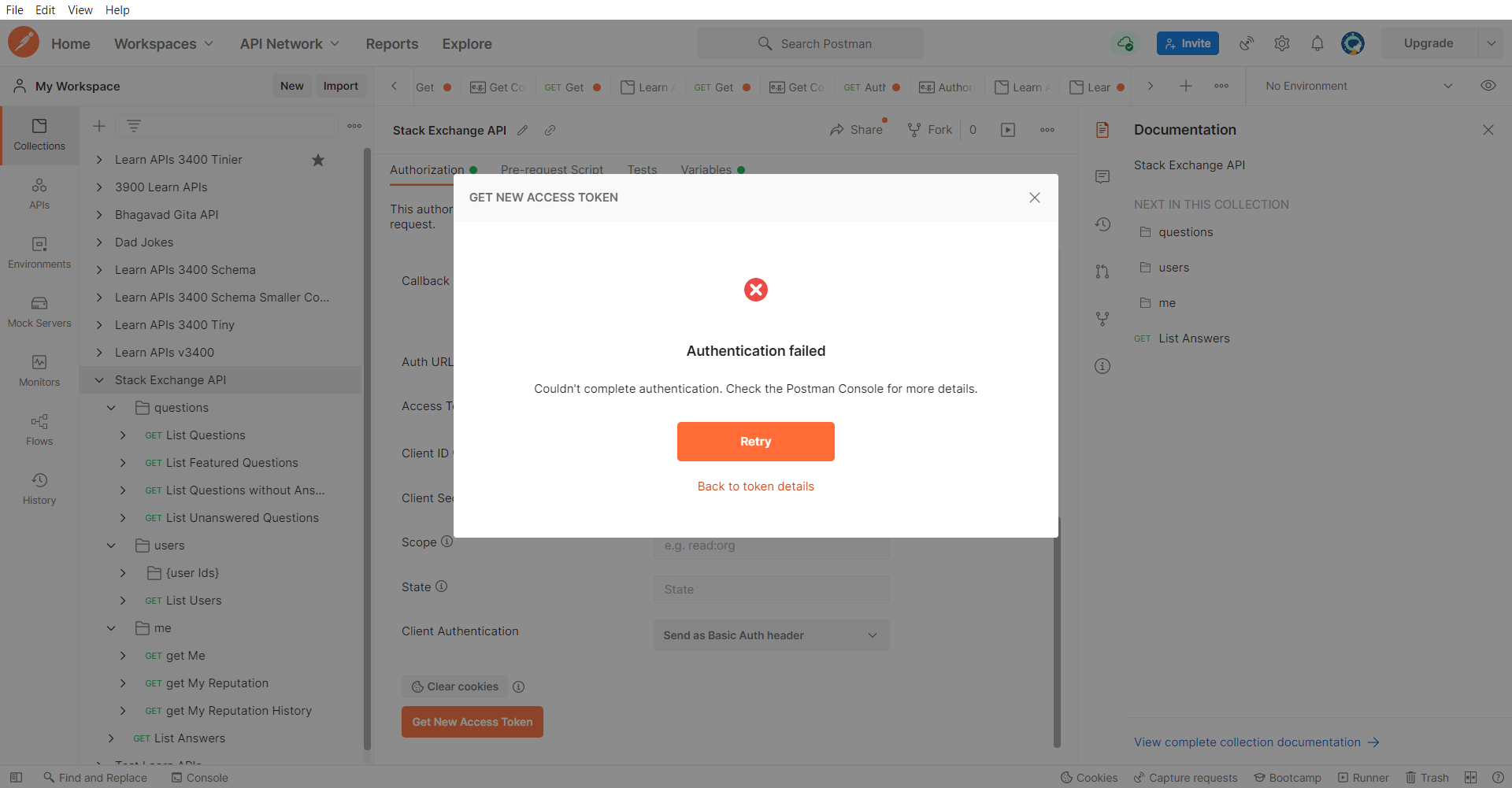 Screenshot: API access couldn't authenticate in Postman