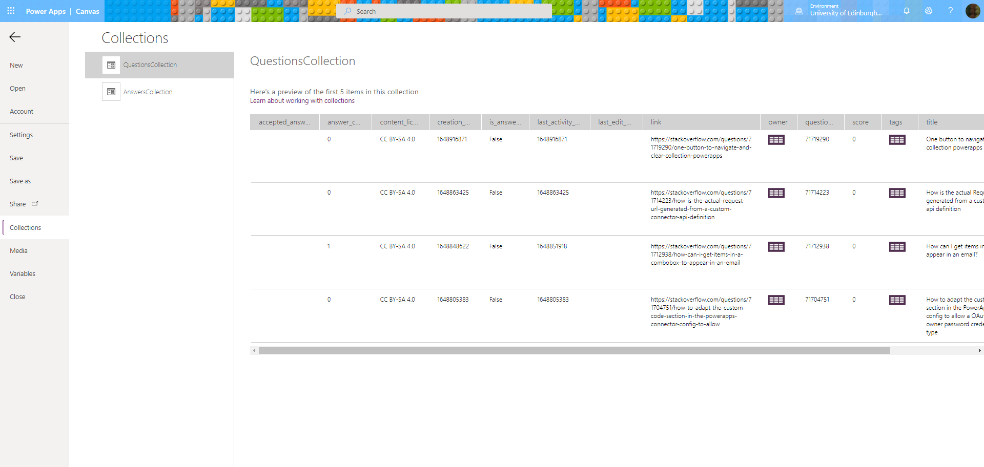 Screenshot of the question data collection in Power Apps