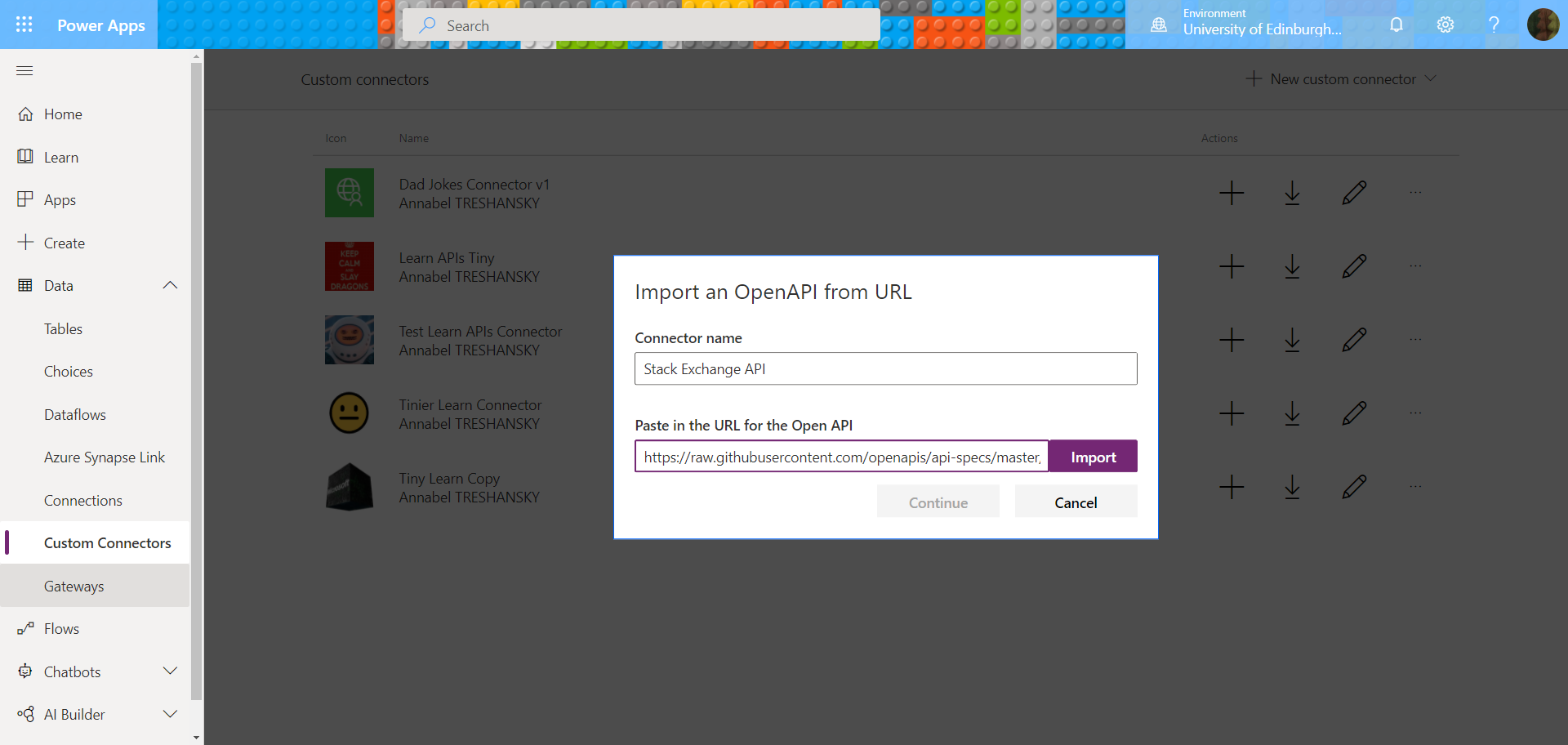 Screenshot from Power Apps Custom Connector: Import an OpenAPI from a URL