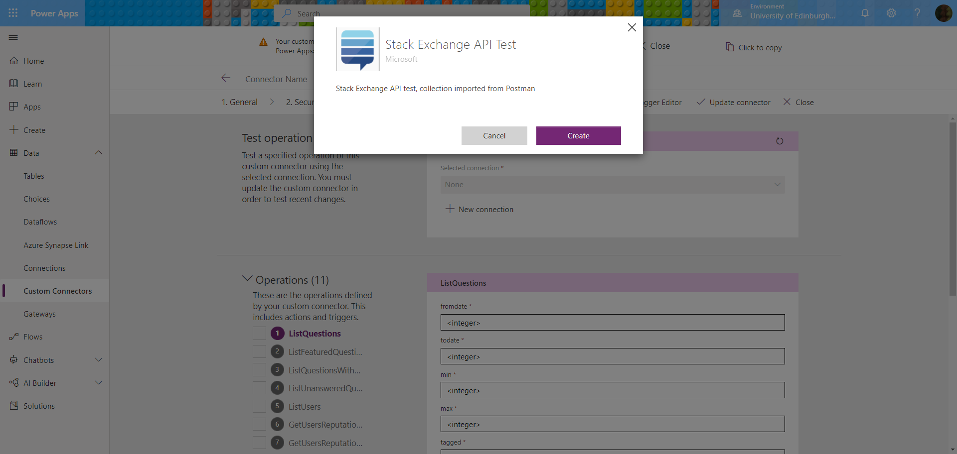 Screenshot: testing the Stack Exchange API connector