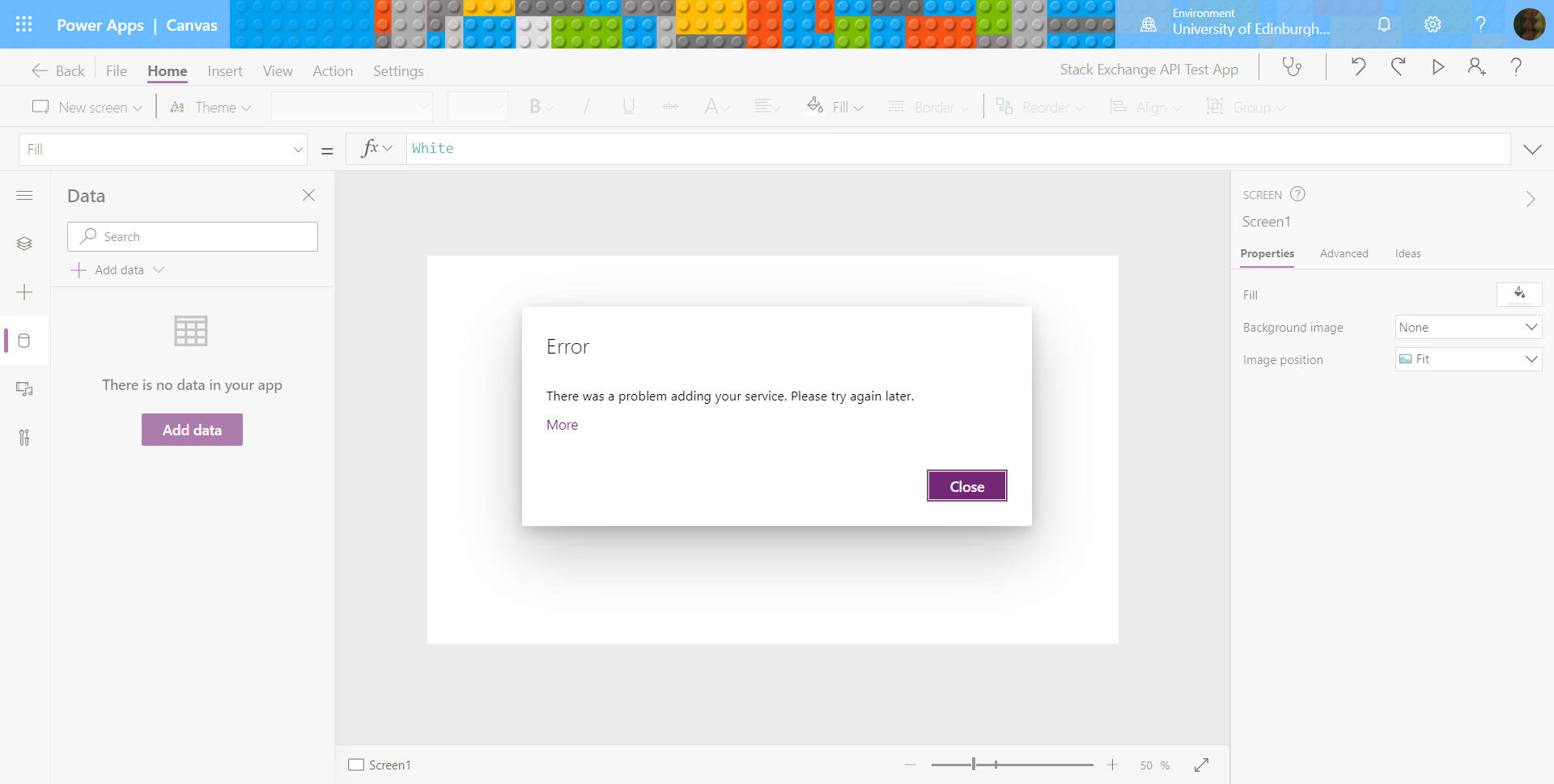 Screenshot showing an error message