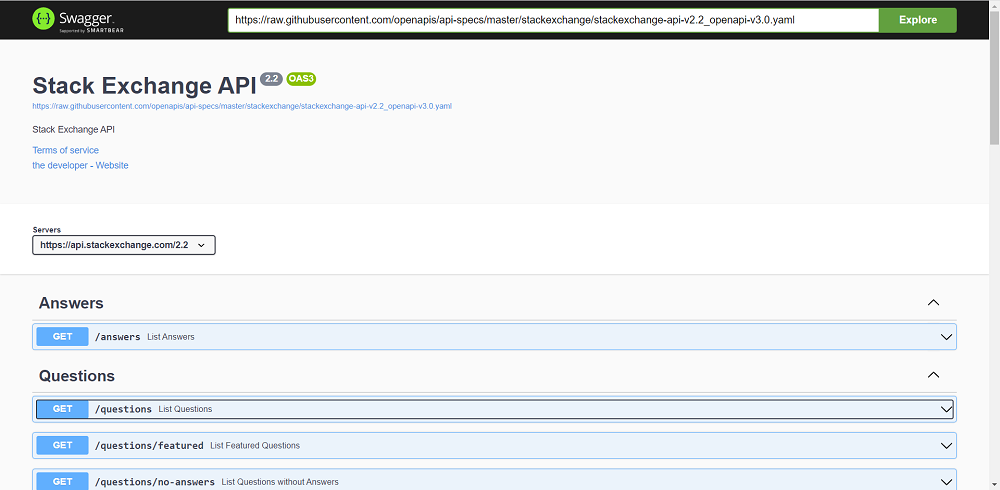 Stack Exchange API definition in the Petstore Swagger UI