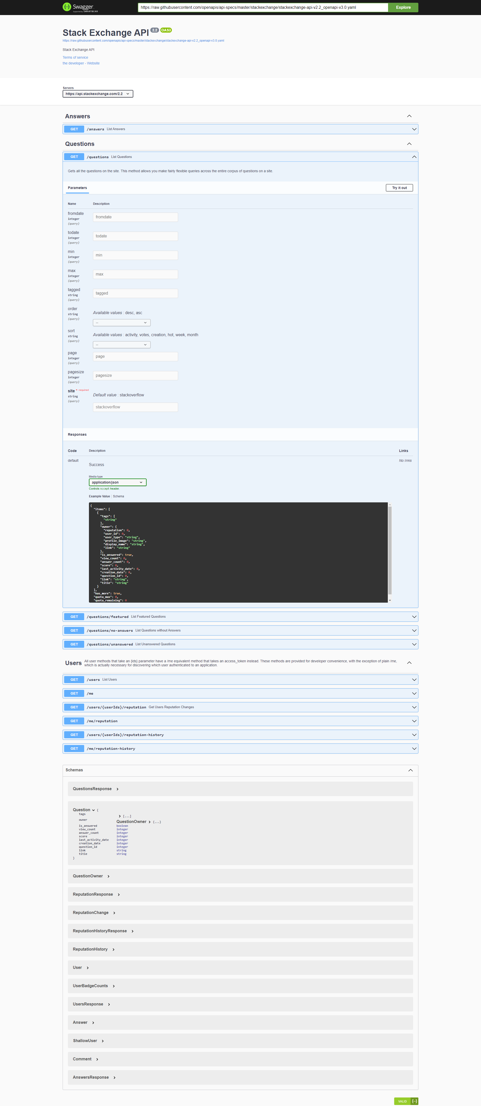 Swagger screenshot showing more usage details and examples from the Questions sections
