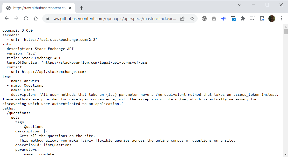 Screenshot of the YAML text in the browser (text excerpt follows)