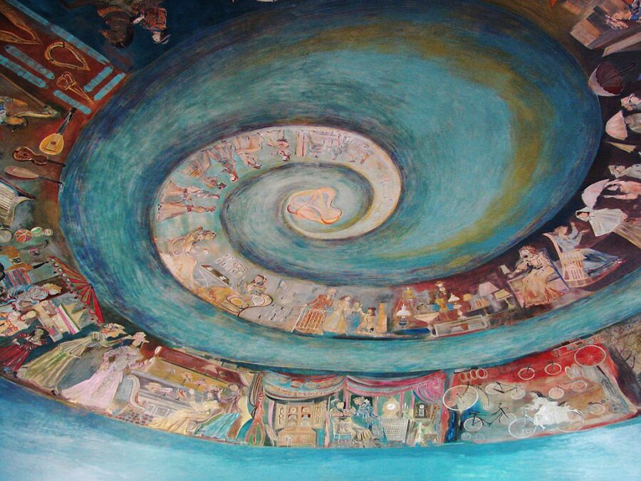 Painted artwork showing pictures in a spiral formation on a turquoise background