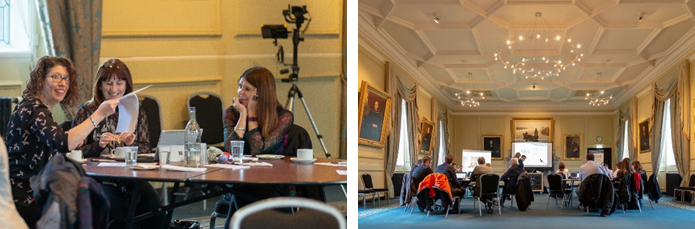 2 Pictures of people sat at round tables at an event with screens in the background.