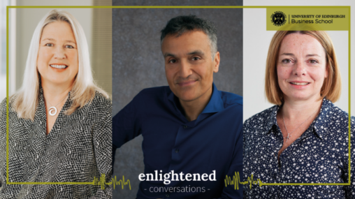 Enlightened Conversations - University of Edinburgh alumni podcast. Graphic showing 3 guests: Wendy Loretto, Carl Honore and Lee Panglea