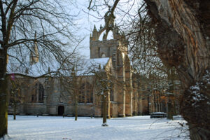 King's College building in the snow