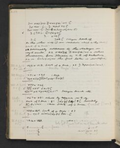 Page of lined notebook written with black ink and pencil, transcriptions and descriptions of Greek papyrus fragments