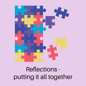 Pieces of jigsaw puzzle with the text, "Reflections - putting it all together"