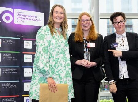 targetjobs Undergraduate of the Year Awards, from left to right: Ellie Long, head of Early Careers Recruitment at Rolls-Royce, Abigail Bilsland, Female Undergraduate of the Year 2024 and Sue Perkins, host of the Awards