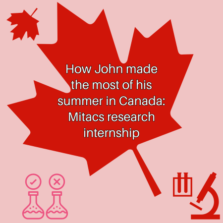 Image with a maple leaf which has the text How John made the most of his summer in Canada: Mitacs research internship