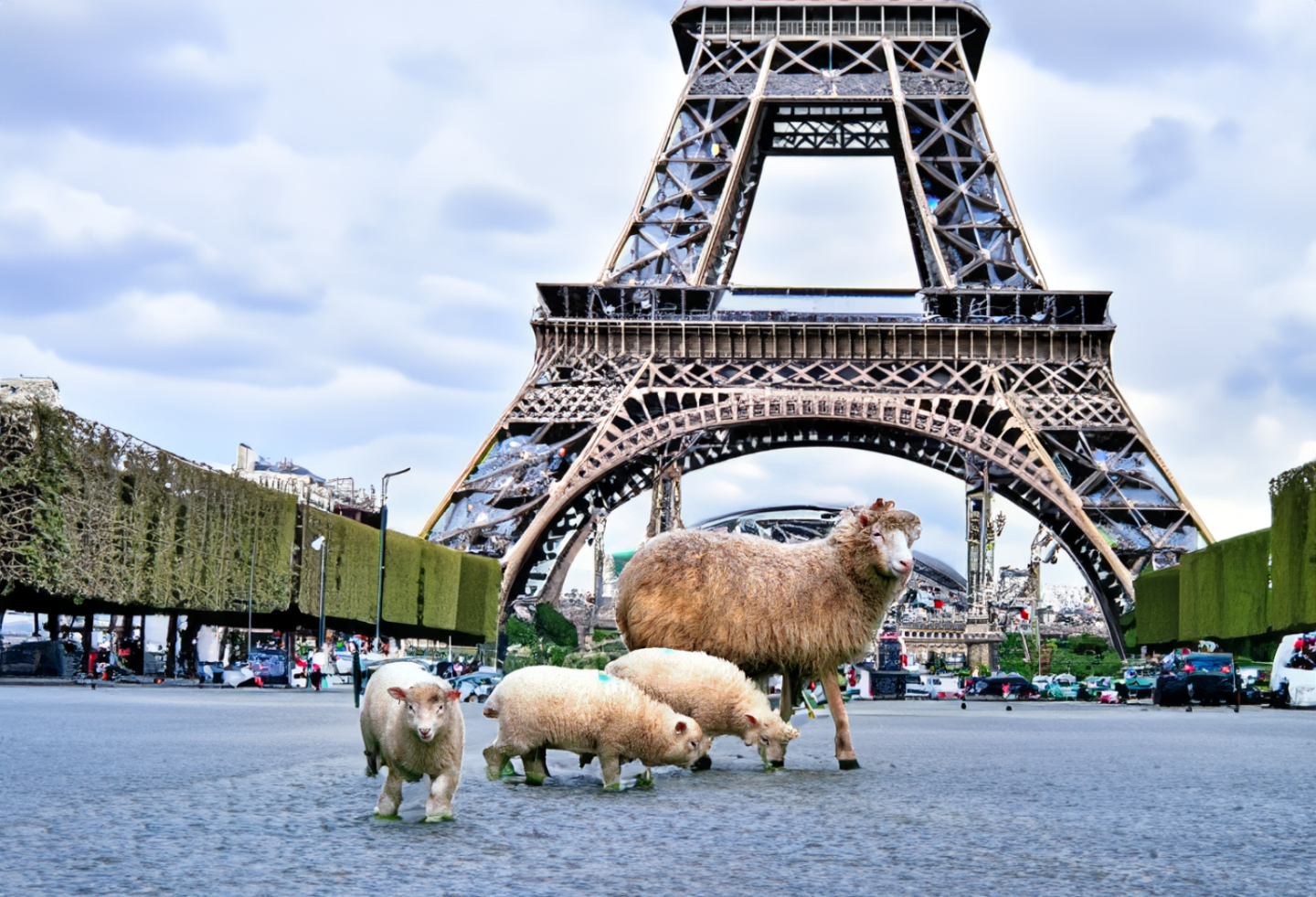 Dolly and 3 lambs underneath the Eiffel Tower.