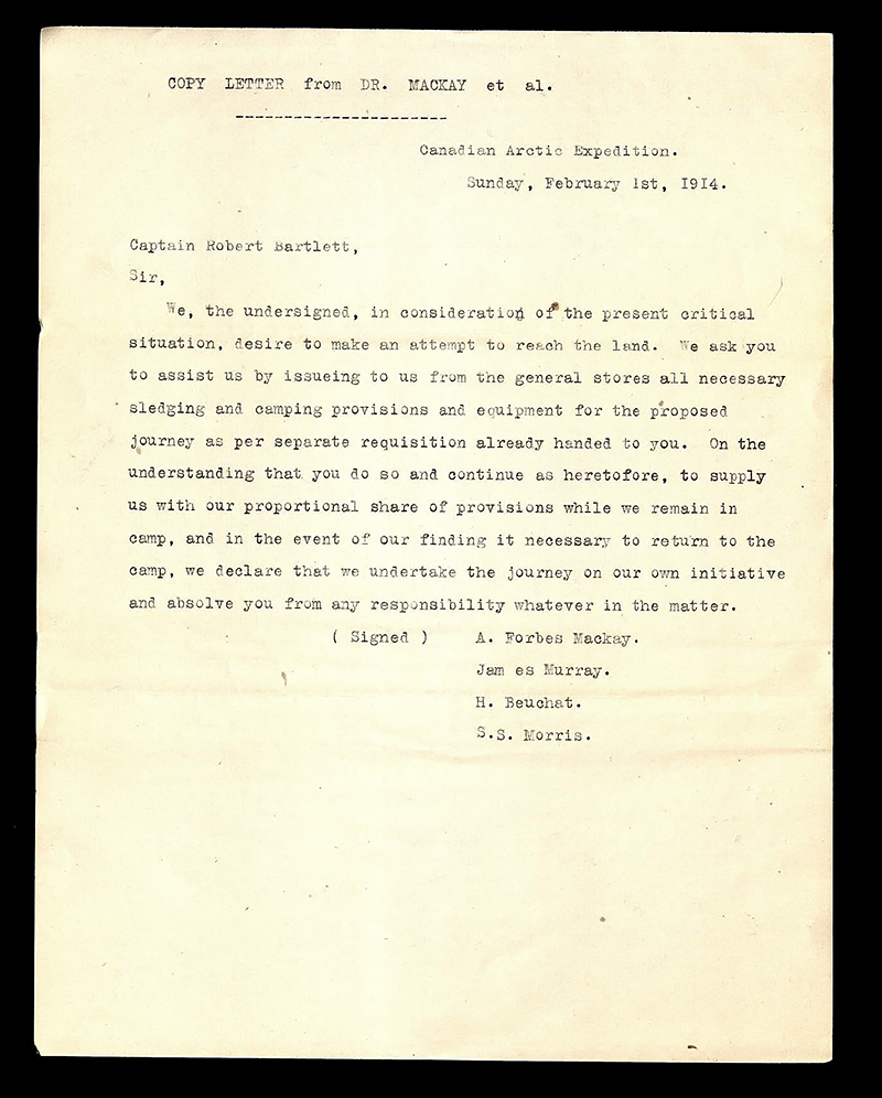 A yellowed, typed copy of a letter to the captain of the ship, declaring that the four undersigned men declare their decision to leave the ship is their own, and the captain is absolved from any further responsibility towards them.