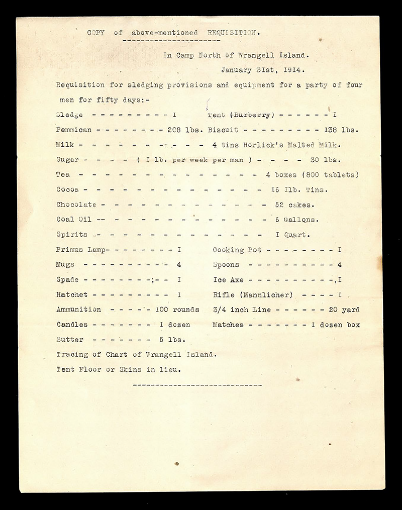A yellowed, typed copy of the list of provisions the dissenting men requested for their journey.