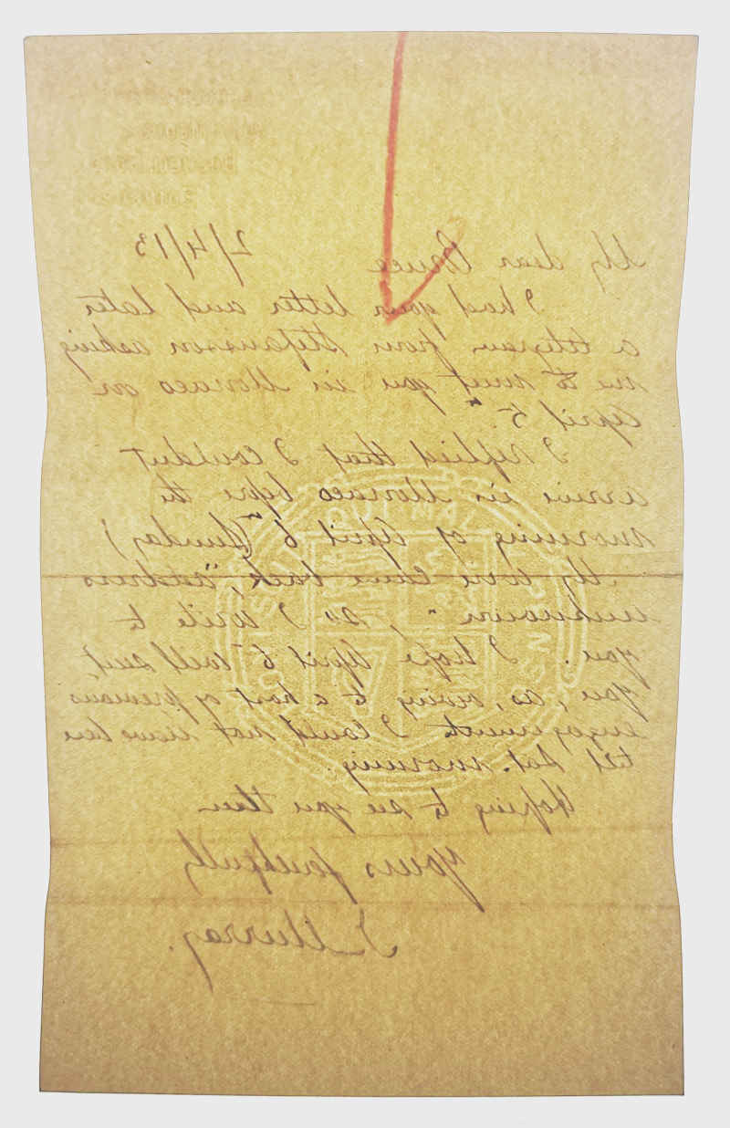 A yellowed sheet of paper with a visible watermark, an image of a crest with four quadrants.