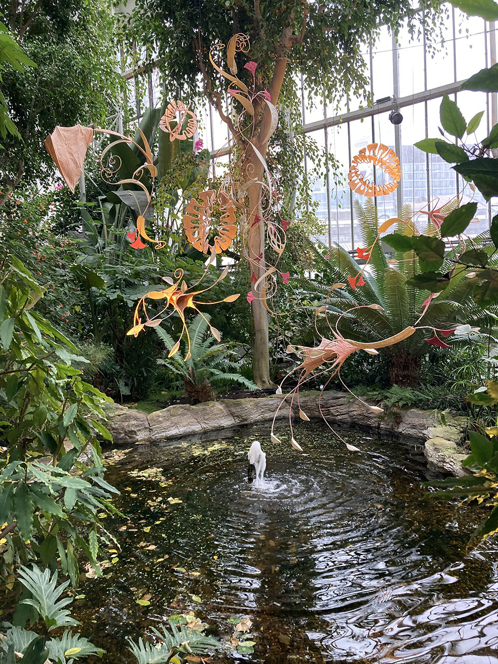 Image taken in the conservatory of the Barbican Centre. A pond with a water feature is surrounded by tropical plants and sculptural shapes hang above it. 