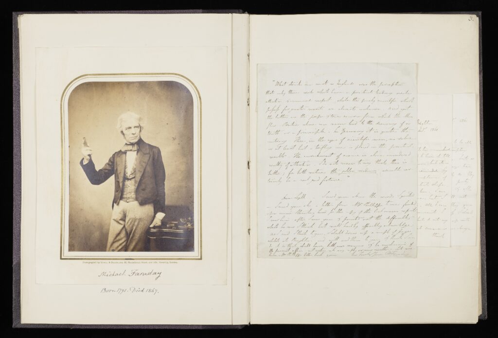 Image of a spread of pages from the Sir Charles Lyell. One one page there is a handwritten letter. On the other is an image of the Scientist, Michael Faraday. 