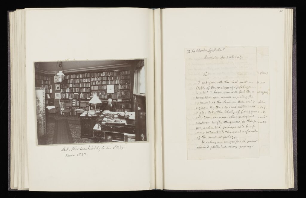 Image from the Sir Charles Lyell Scrapbook showing a spread of pages. One page shows A E Nordenskiöld in his library with a letter on the opposite page. 
