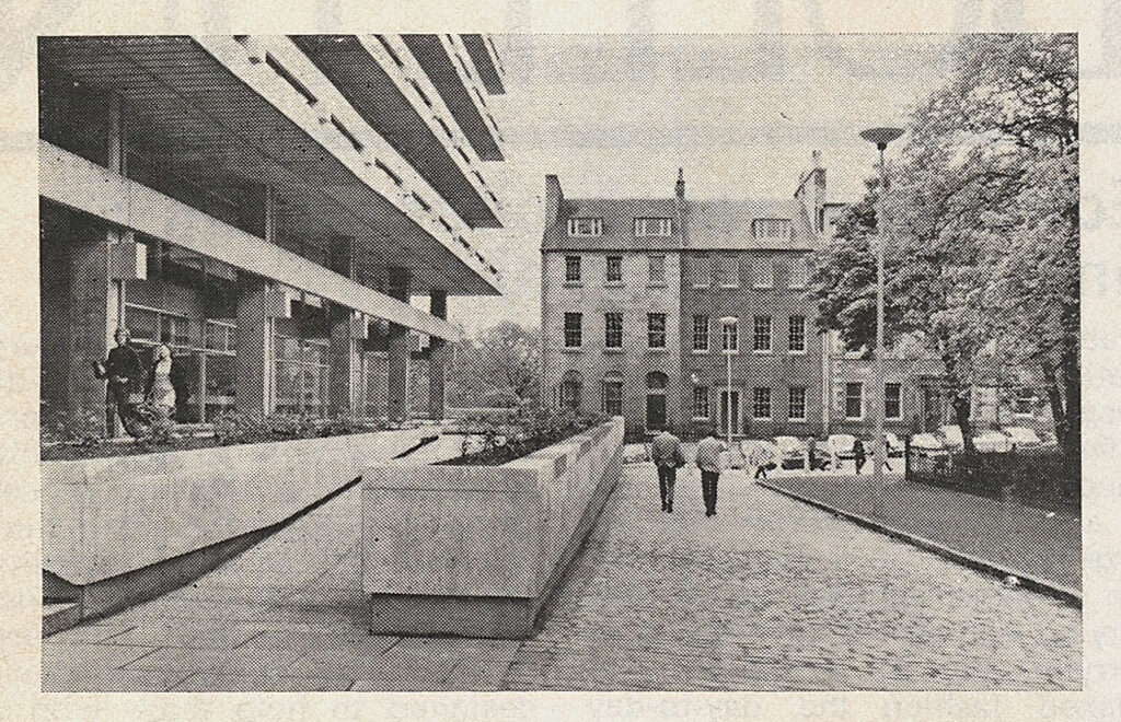 Black and white image of the front of the University Main Library in George Square