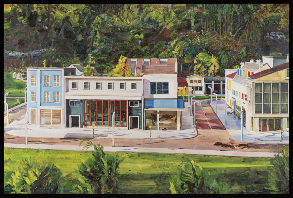 Brightly coloured painting of model houses with lush greenery in the background.