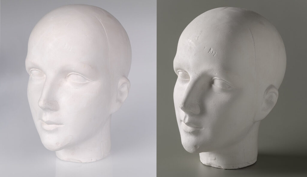 Side by side comparison of two photographs of the same artwork. Left image: Large, white plaster model of a bald female mannequin head on a pale grey background. Reflections of the modell can be seen in the surface directly below the neck and the head lacks contrast against the pale background. Right image: Same mannequin head but with more dynamic lighting on a dark grey background. The surface details of the plaster face are significantly more clear and pronounced.