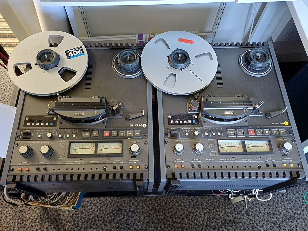 Two Otari MX5050s used for quarter-inch reel-to-reel tape digitisation. 