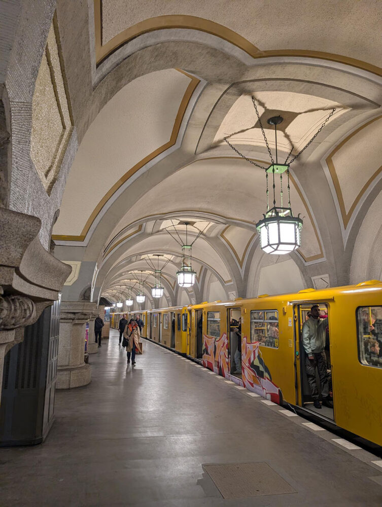 View of platform and metro car at Heidelberger Platz underground station in Berlin